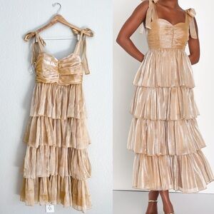 Radiant Arrival Shiny Gold Organza Tiered Tie-Strap Maxi Dress